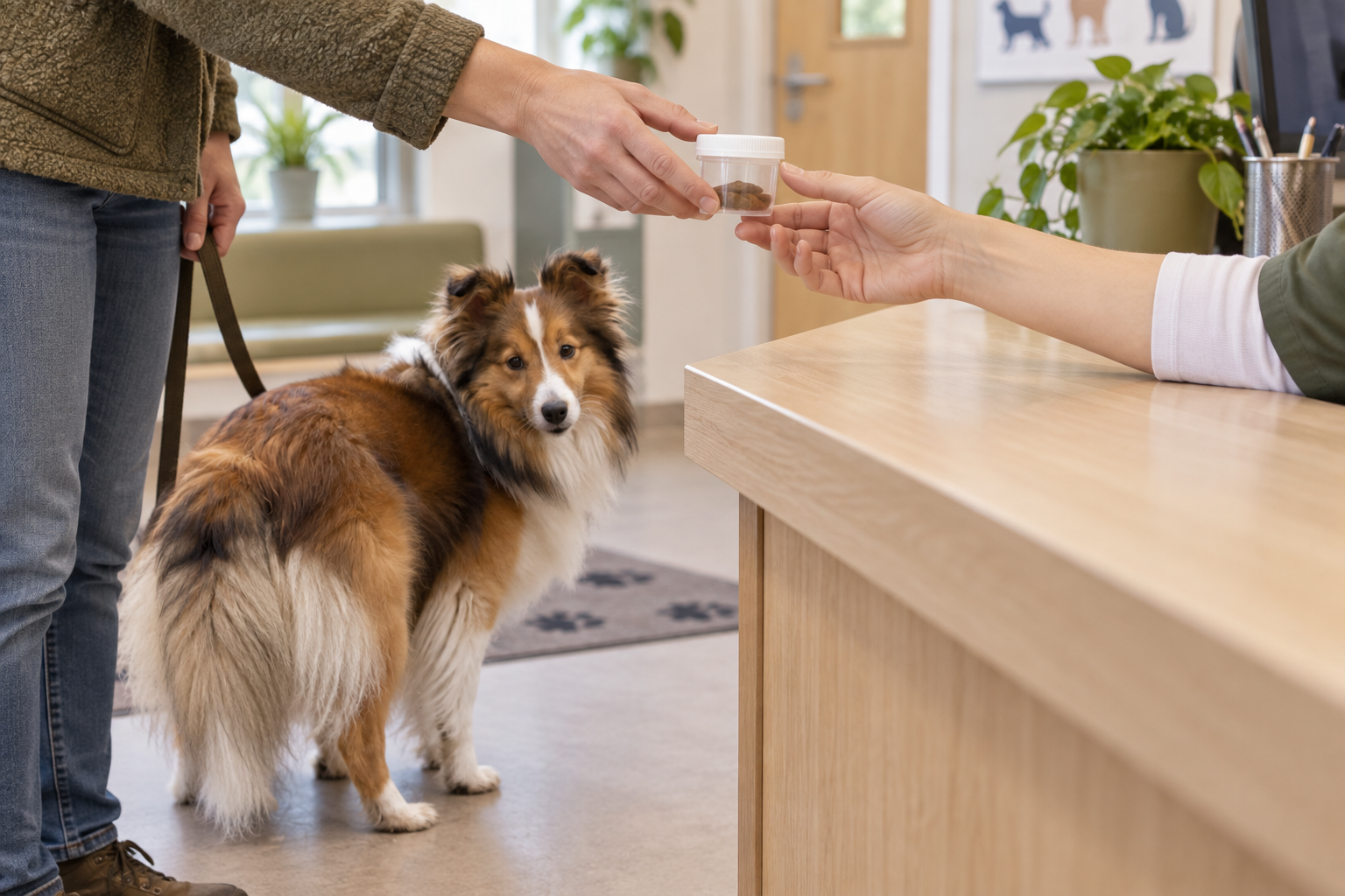 Majiteľ odovzdáva vzorku psej stolice veterinárovi
